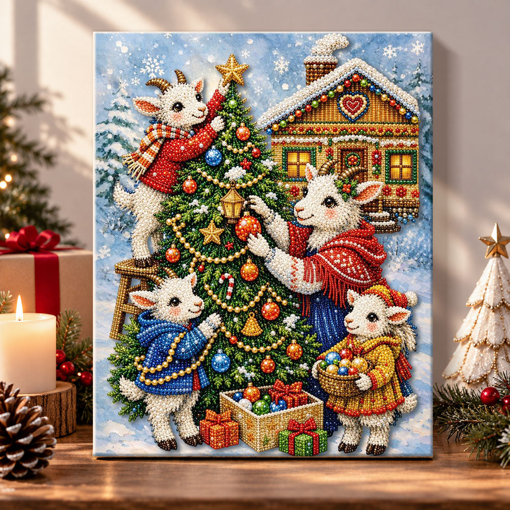 Goat family decorating christmas tree pearl diamond painting kit for beginners