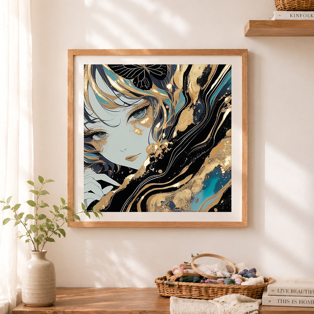 Finished gold foil and teal flowing anime portrait cross stitch artwork displayed as home decor
