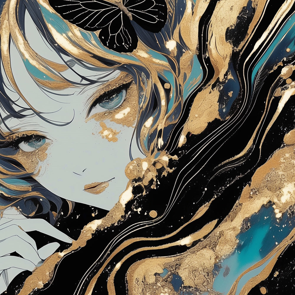 Gold foil and teal flowing anime portrait cross stitch kit for beginners