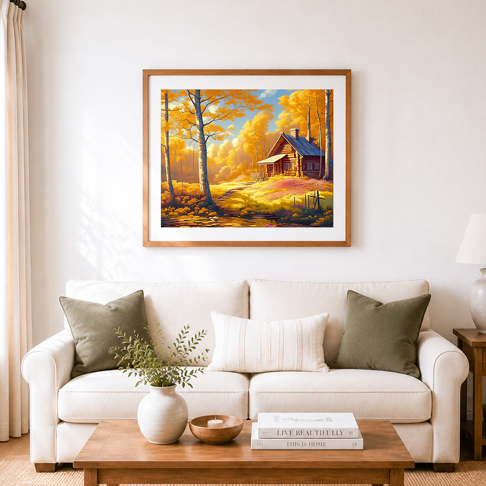 Finished golden autumn cabin cross stitch artwork displayed as home decor