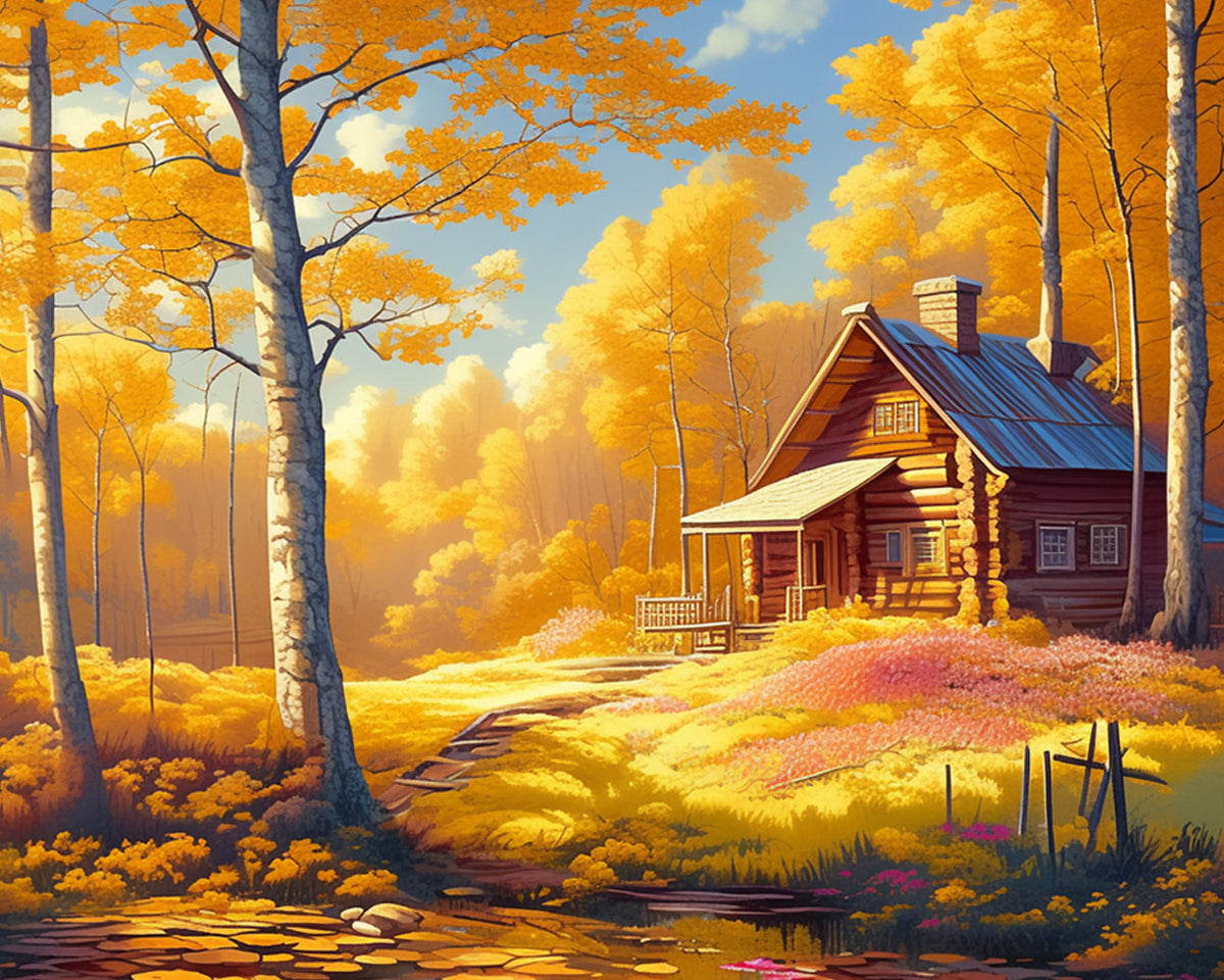 Golden autumn cabin cross stitch kit for beginners