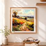 Finished golden autumn country homestead cross stitch artwork displayed as home decor