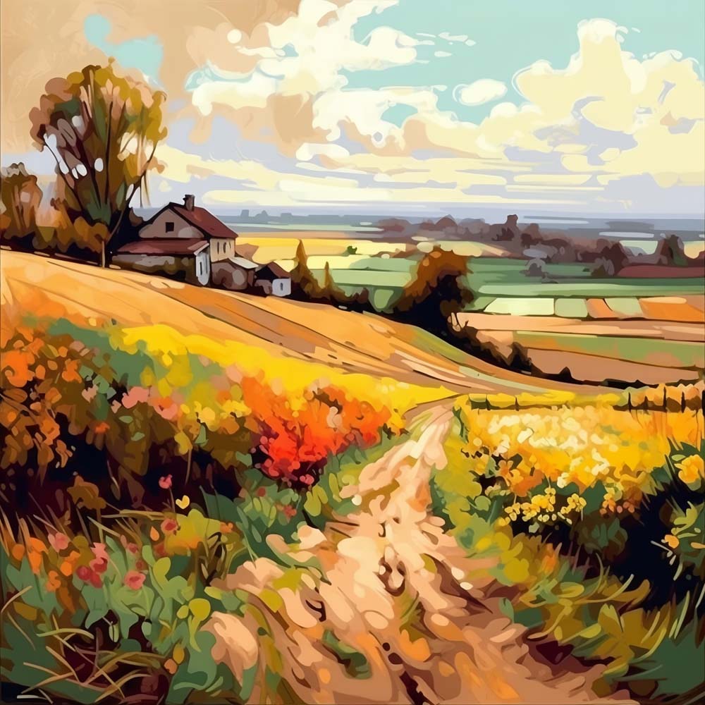 Golden autumn country homestead cross stitch kit for beginners