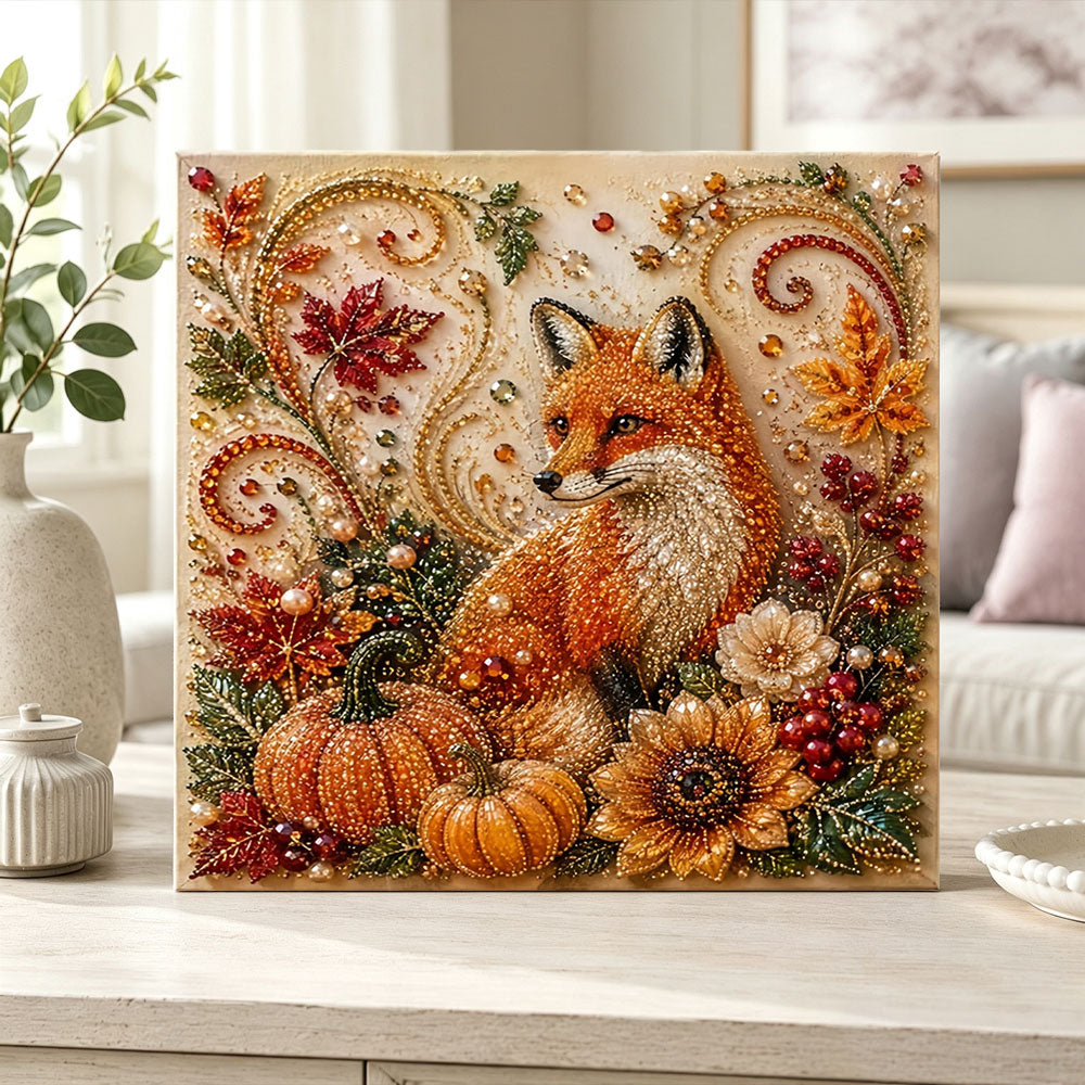 Finished golden autumn fox pearl diamond painting artwork displayed as home decor