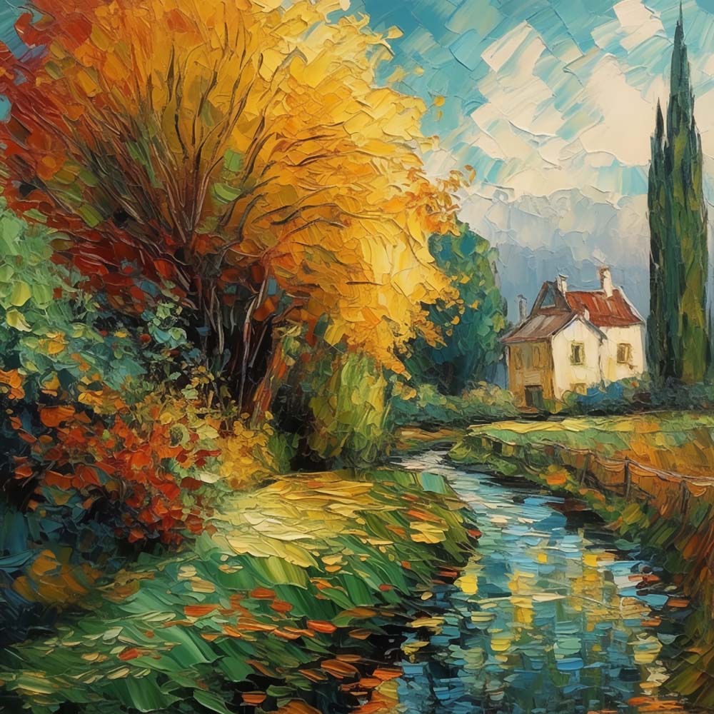 Golden autumn tree by the stream cross stitch kit for beginners