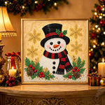 Finished golden background holiday snowman pearl diamond painting artwork displayed as holiday home decor