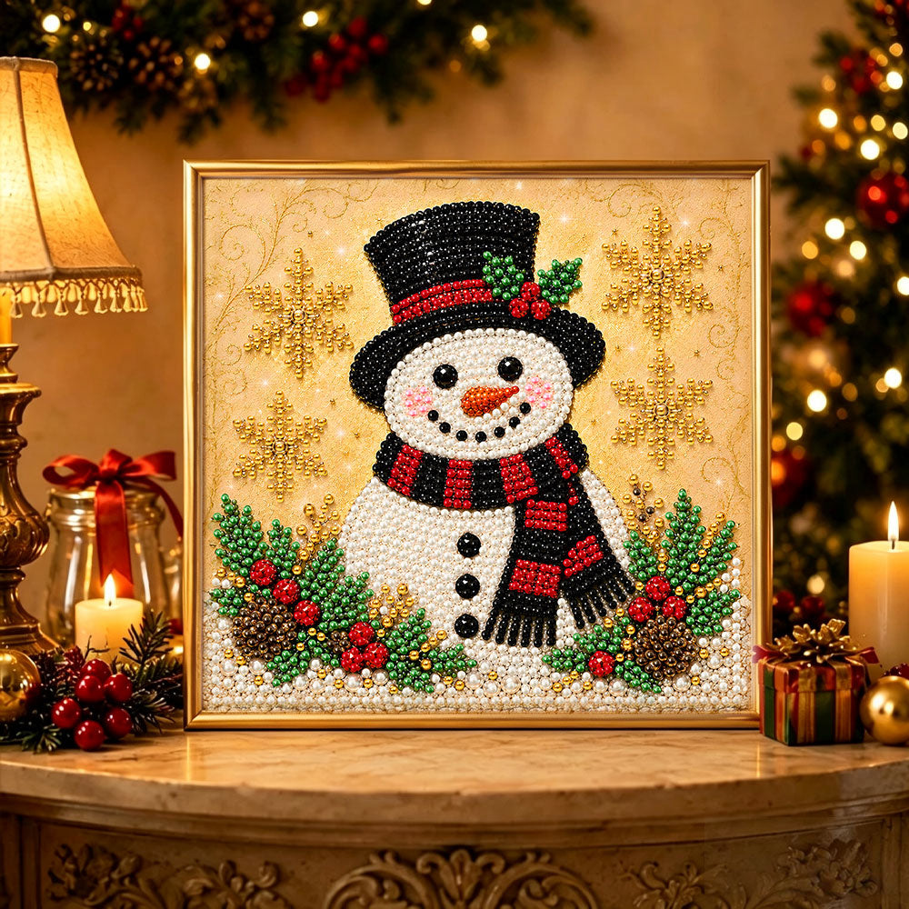 Finished golden background holiday snowman pearl diamond painting artwork displayed as holiday home decor