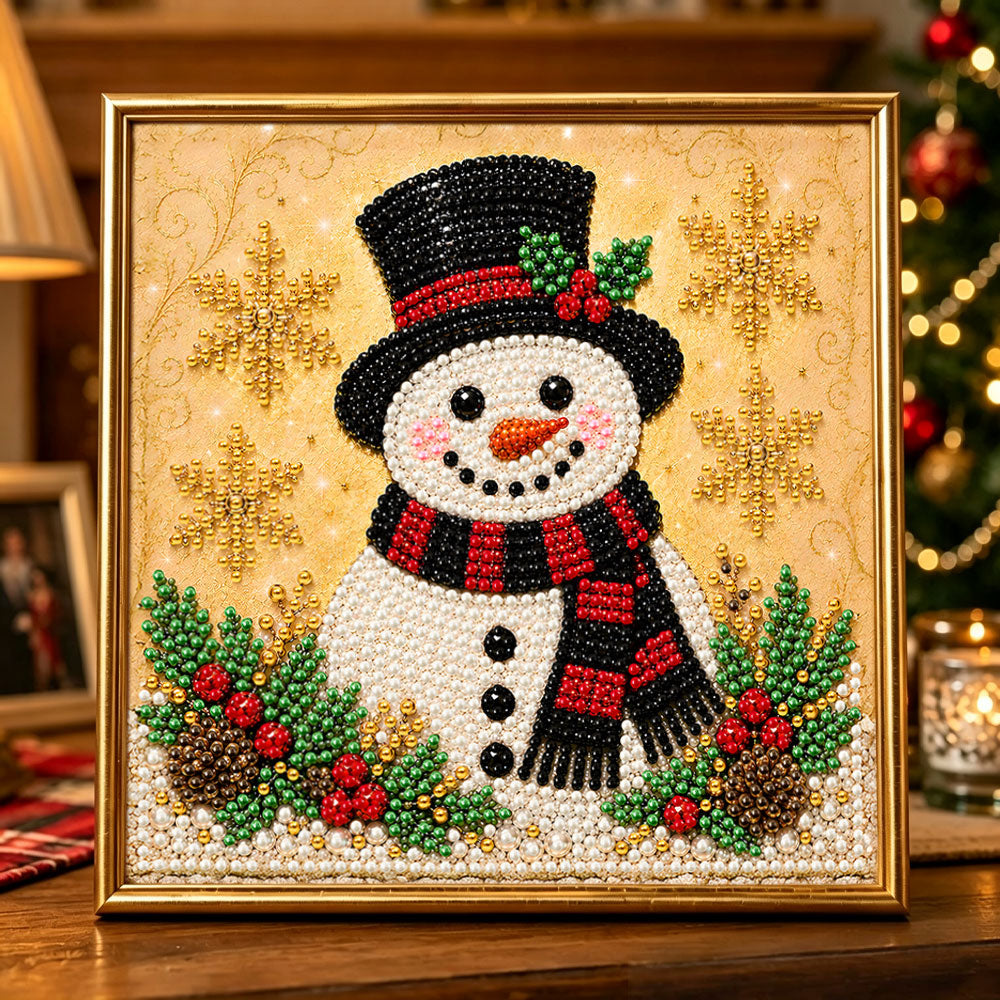 Golden background holiday snowman pearl diamond painting kit for beginners