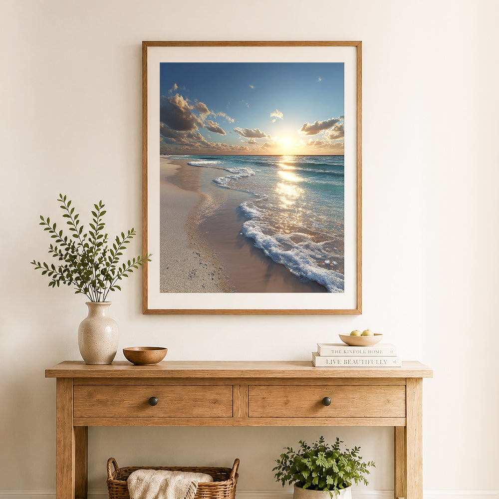 Finished golden beach sunset cross stitch artwork displayed as home decor