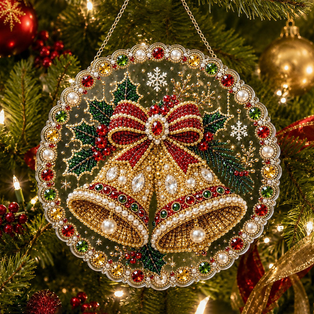 Finished golden bells pearl diamond painting artwork displayed as holiday home decor