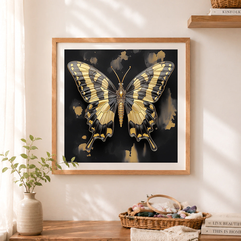 Finished golden black butterfly cross stitch artwork displayed as home decor