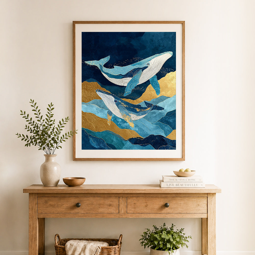 Finished golden blue whale pair cross stitch artwork displayed as home decor