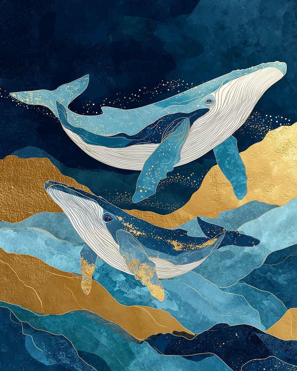 Golden blue whale pair cross stitch kit for beginners