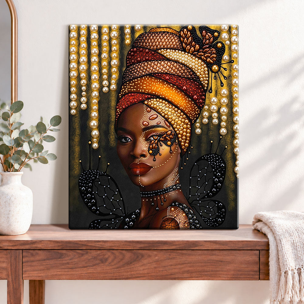 Finished golden butterfly beauty pearl diamond painting artwork displayed as home decor