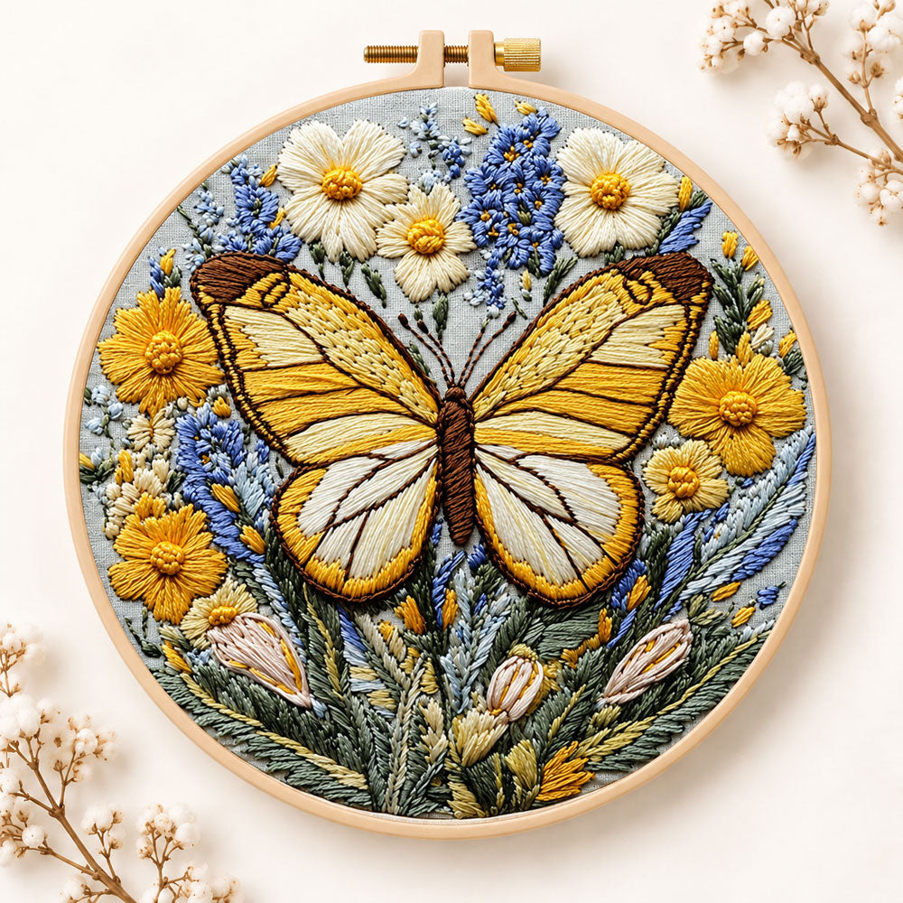 Golden butterfly with daisies embroidery kit