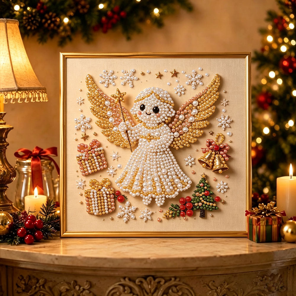 Finished golden christmas angel pearl diamond painting artwork displayed as holiday home decor