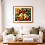 Finished golden christmas bells cross stitch artwork displayed as home decor