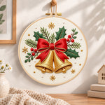 Golden christmas bells embroidery hoop wall art displayed as warm and cozy handmade home decor