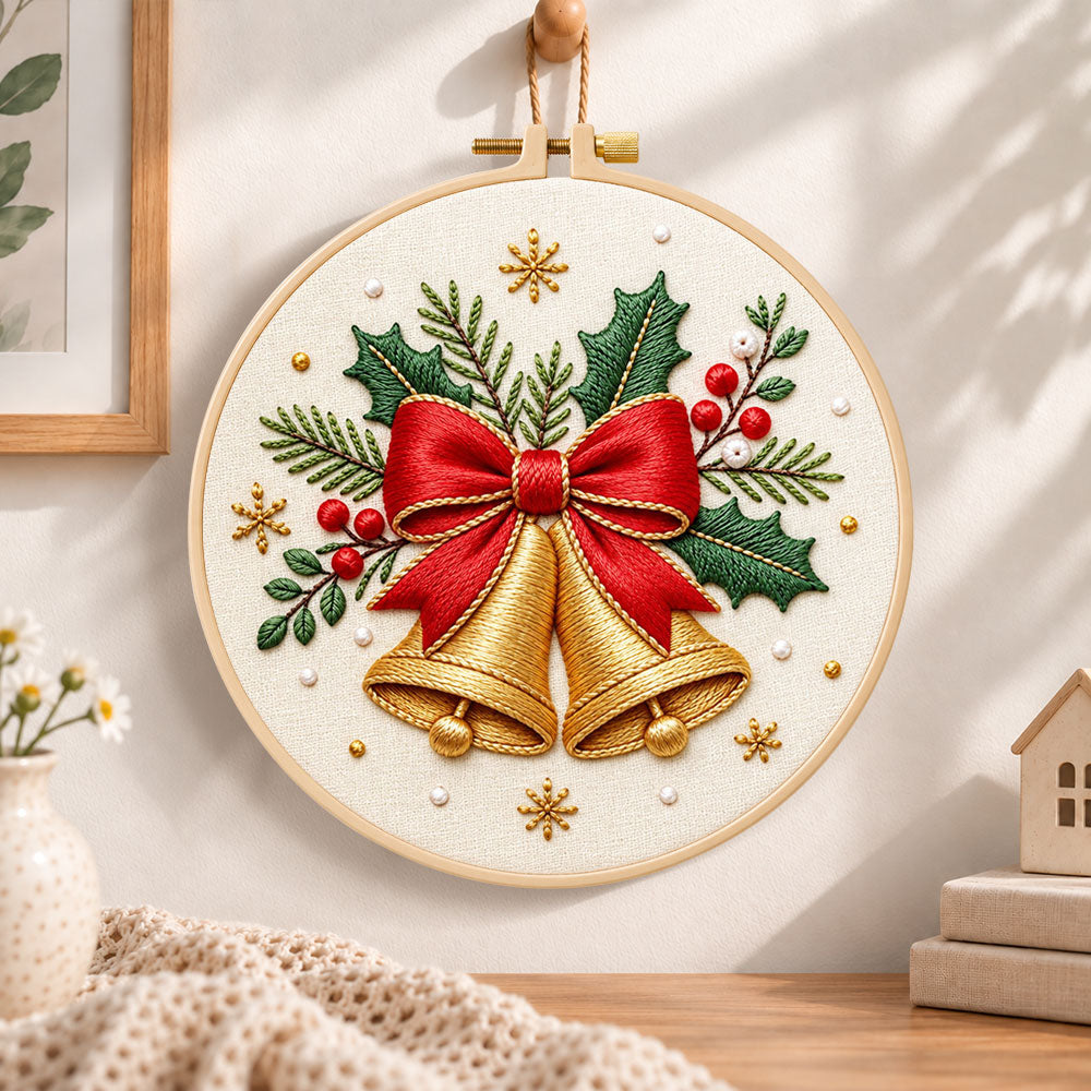 Golden christmas bells embroidery hoop wall art displayed as warm and cozy handmade home decor