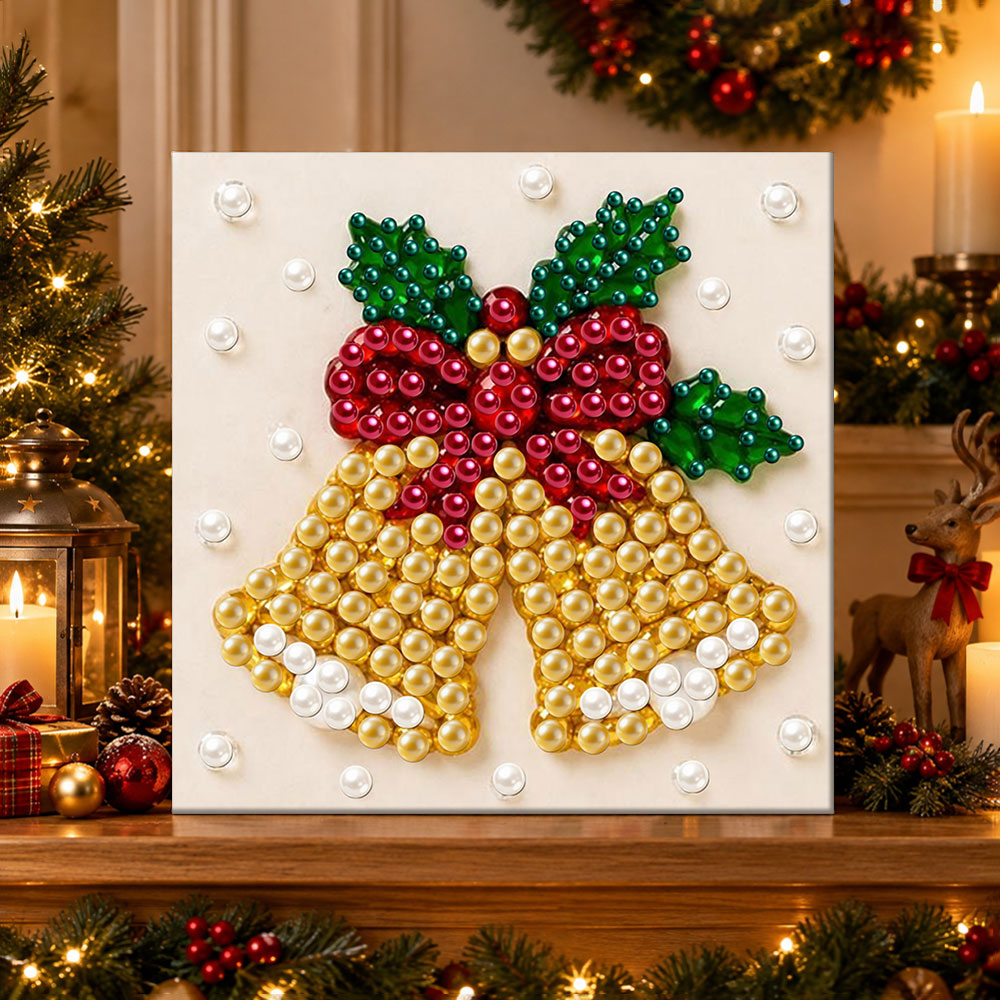 Finished golden christmas bells pearl diamond painting artwork displayed as holiday home decor