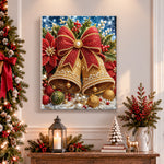Finished golden christmas bells with bow pearl diamond painting artwork displayed as holiday home decor