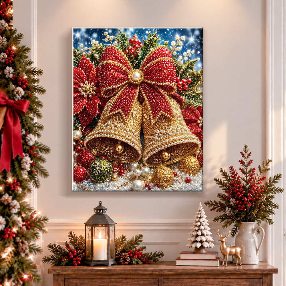 Finished golden christmas bells with bow pearl diamond painting artwork displayed as holiday home decor