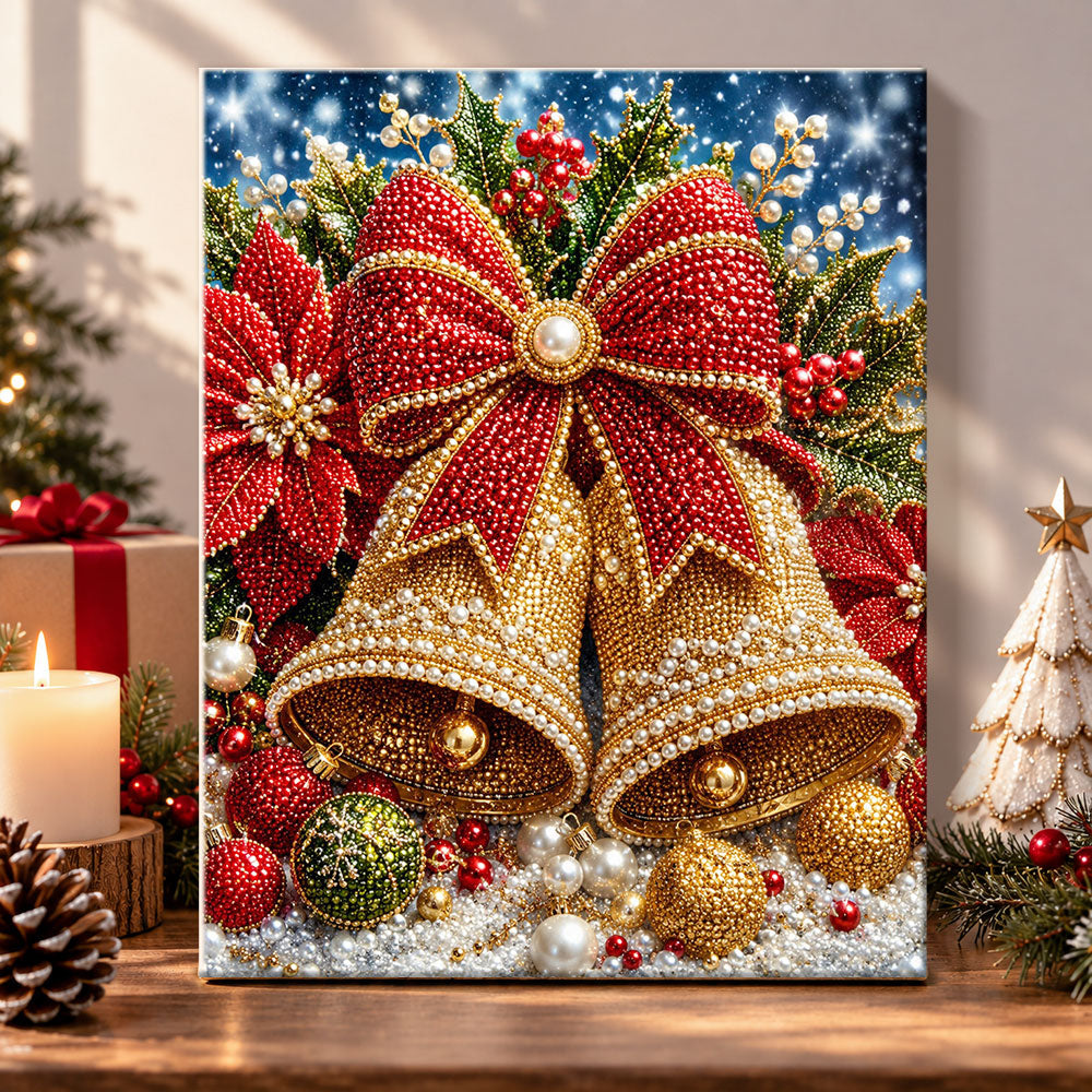 Golden christmas bells with bow pearl diamond painting kit for beginners