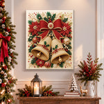 Finished golden christmas bells with poinsettia pearl diamond painting artwork displayed as holiday home decor