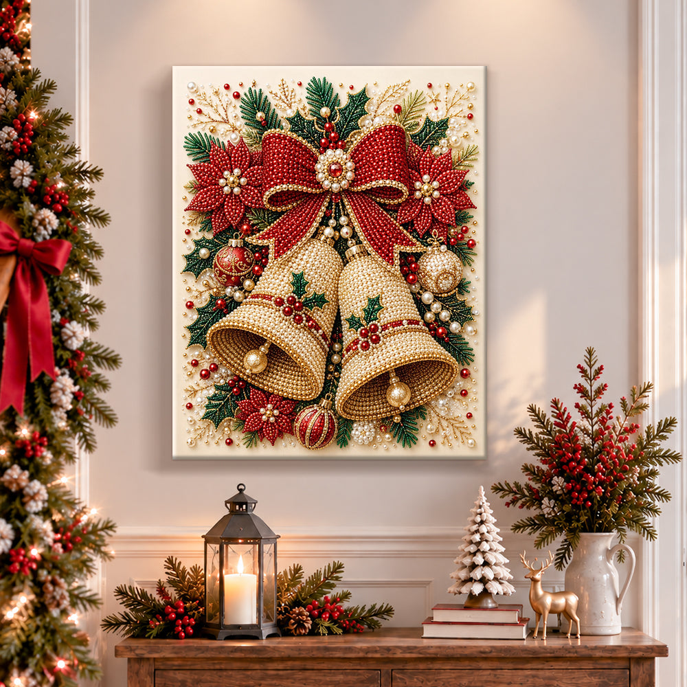 Finished golden christmas bells with poinsettia pearl diamond painting artwork displayed as holiday home decor