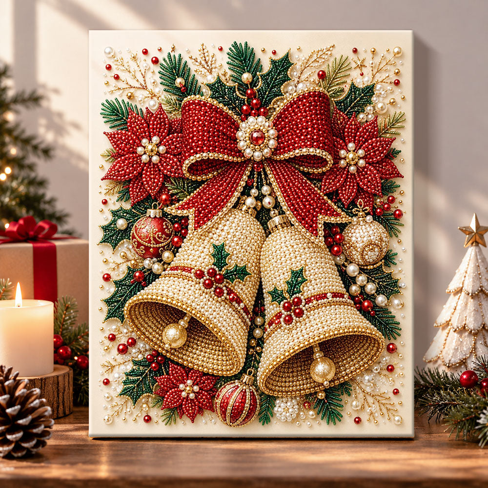 Golden christmas bells with poinsettia pearl diamond painting kit for beginners