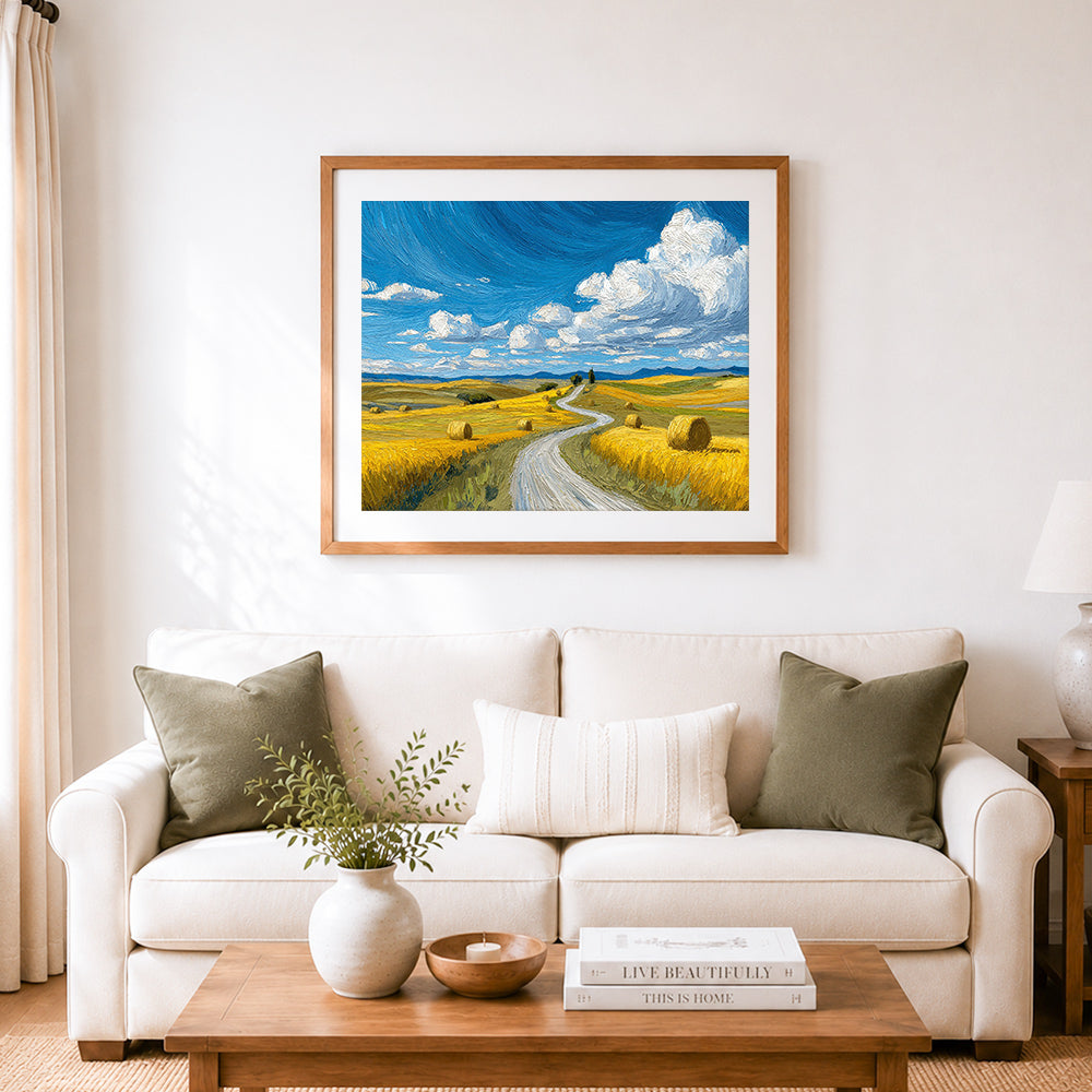 Finished golden country road cross stitch artwork displayed as home decor