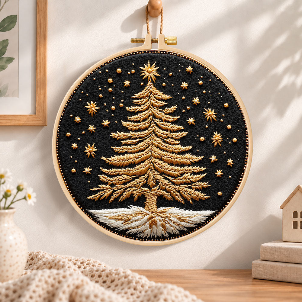 Golden festive tree embroidery hoop wall art displayed as warm and cozy handmade home decor