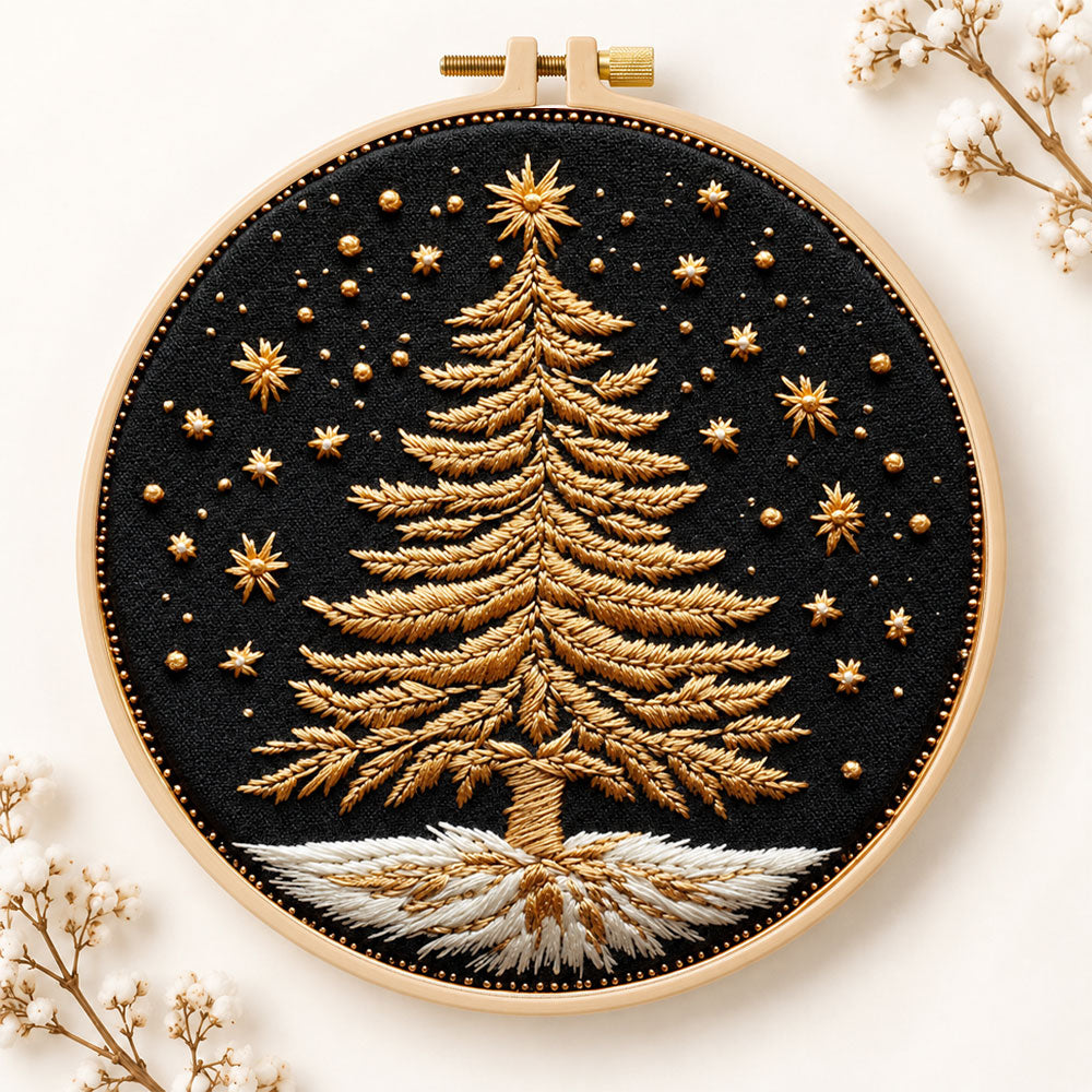Golden festive tree embroidery kit