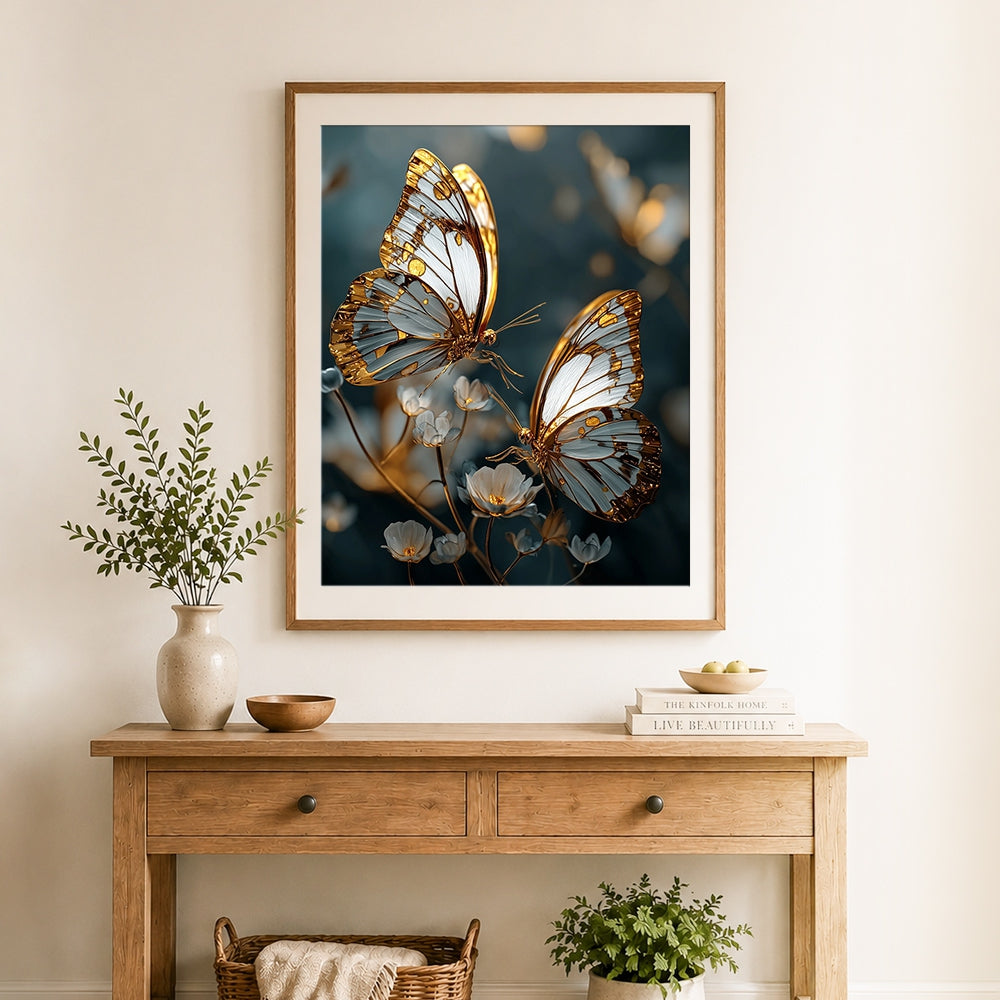 Finished golden filigree butterflies cross stitch artwork displayed as home decor