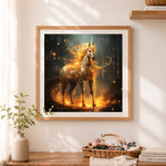 Finished golden fire unicorn cross stitch artwork displayed as home decor