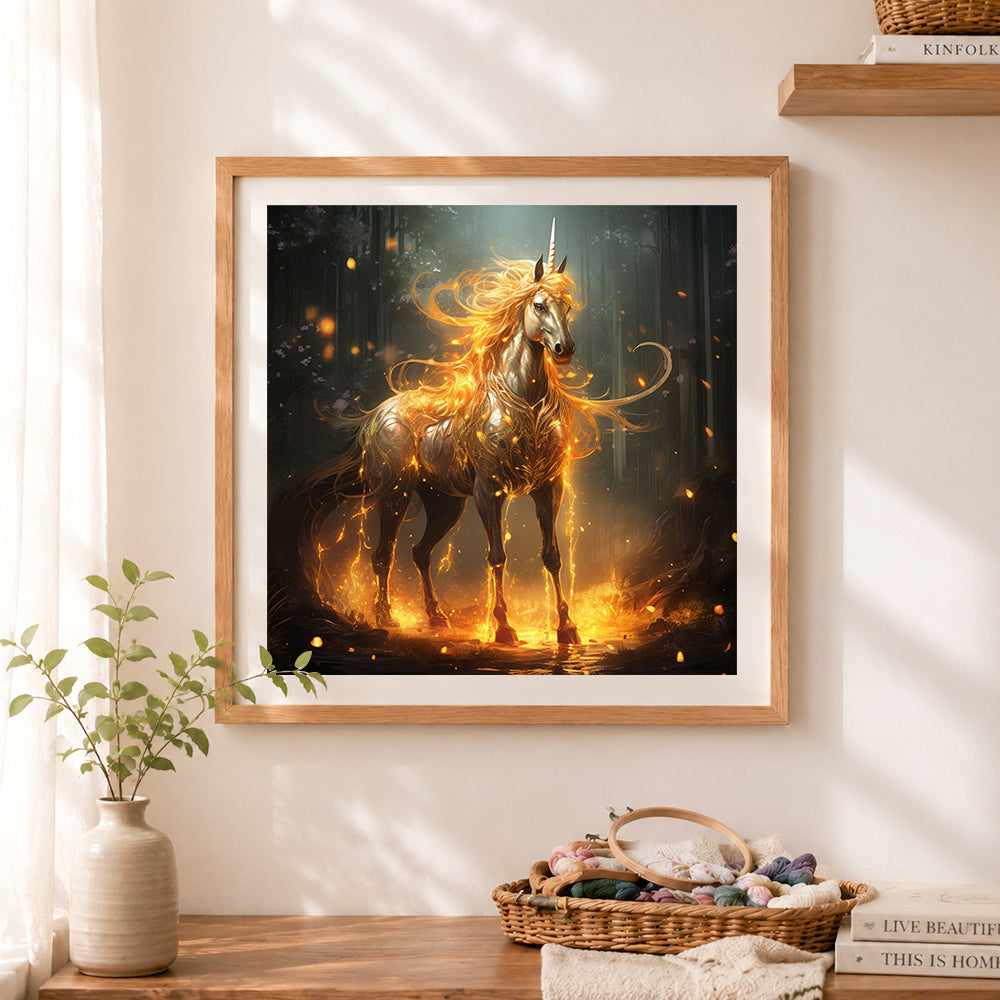 Finished golden fire unicorn cross stitch artwork displayed as home decor