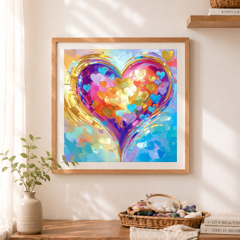 Finished golden framed crystal heart cross stitch artwork displayed as home decor