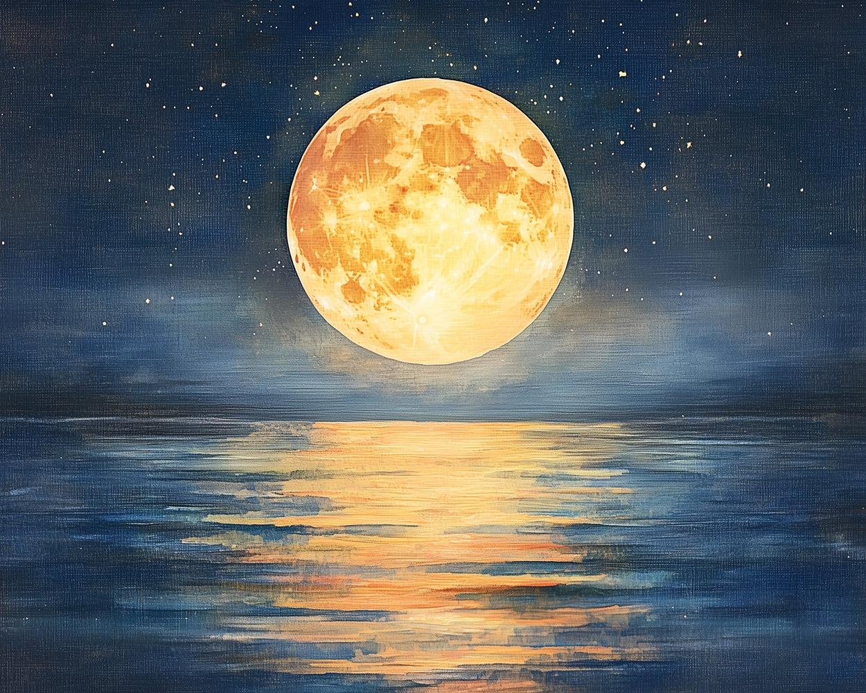 Golden full moon reflecting on deep ocean cross stitch kit for beginners