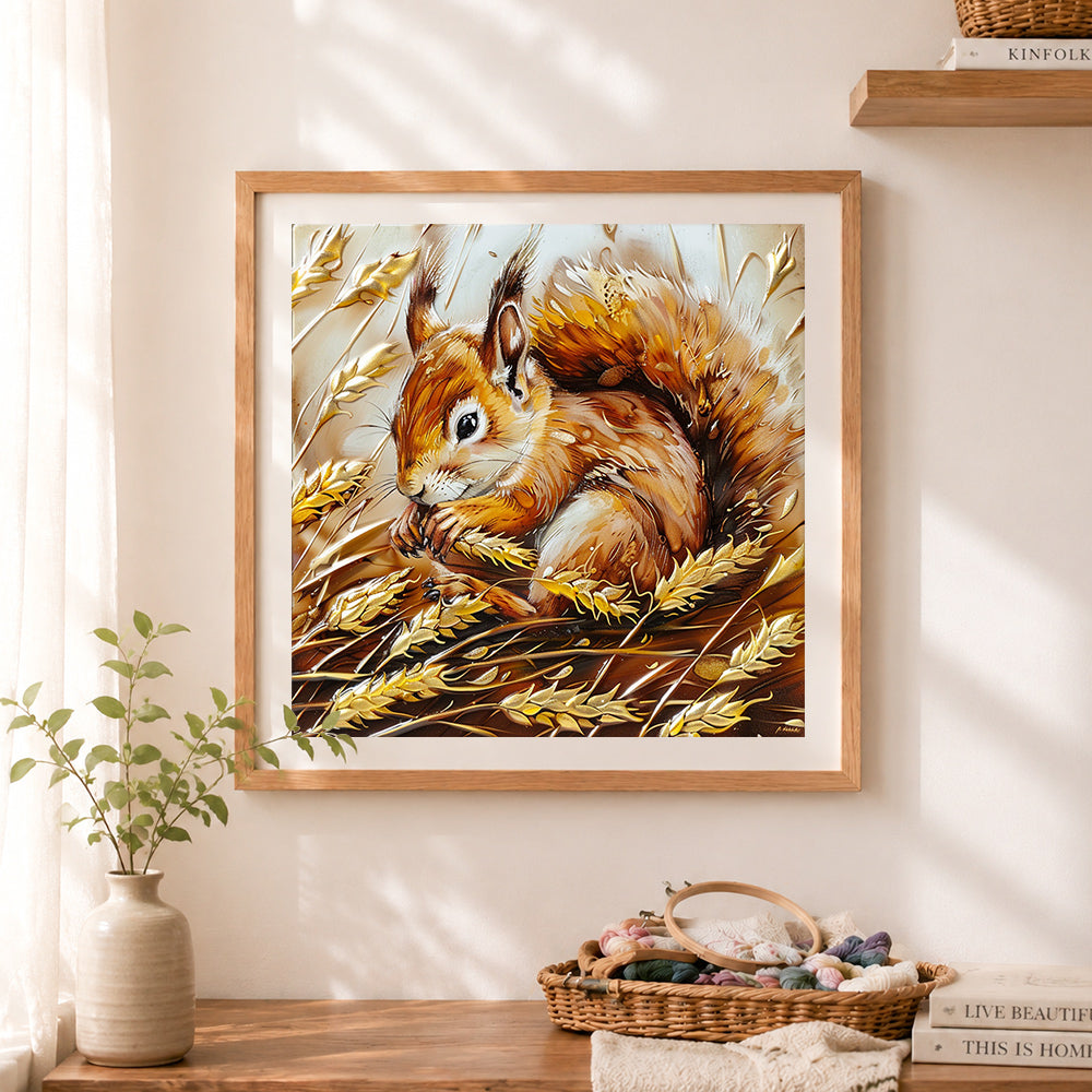 Finished golden harvest squirrel cross stitch artwork displayed as home decor