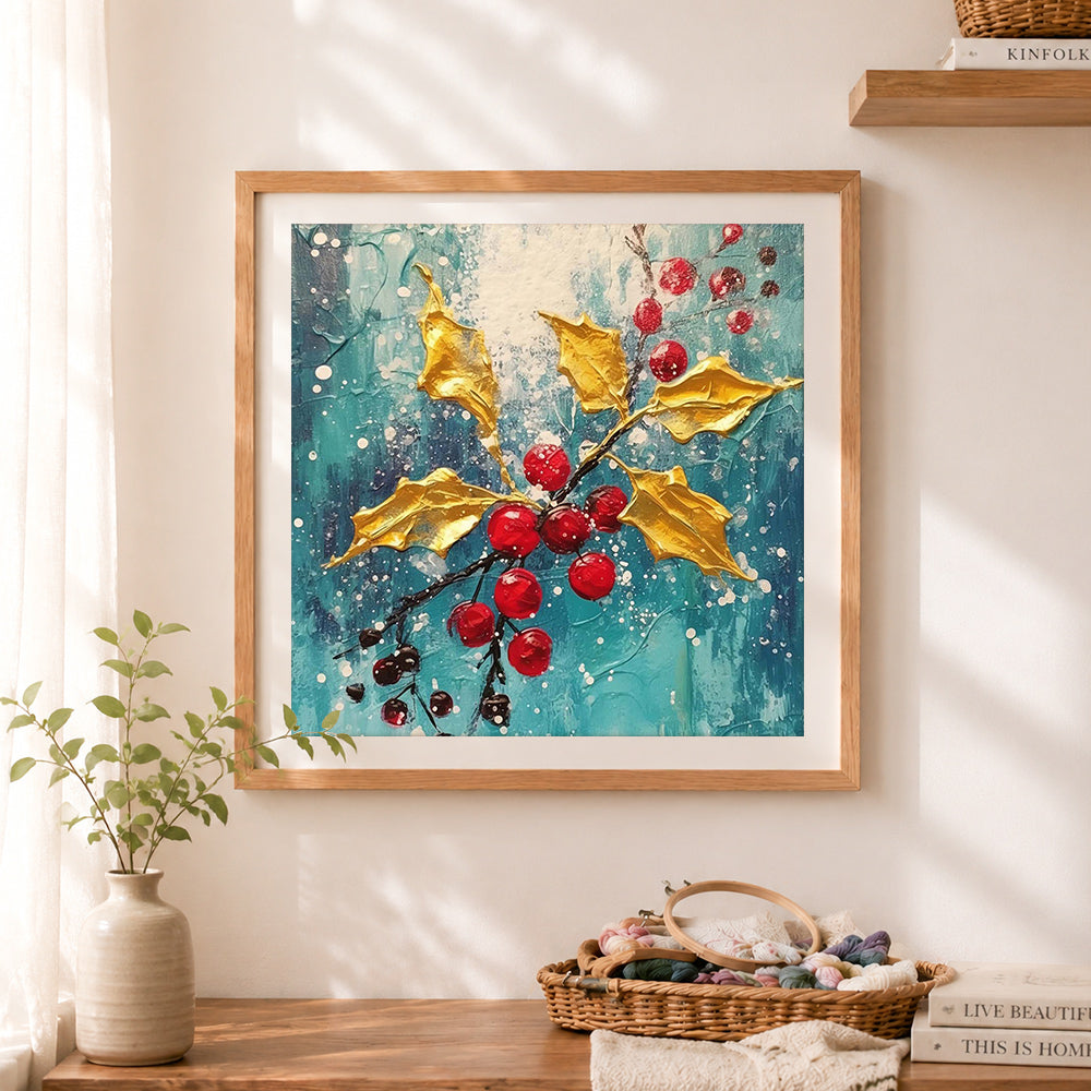 Finished golden holly red berries christmas art cross stitch artwork displayed as home decor