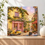 Finished golden hour european alley dream pearl diamond painting artwork displayed as holiday home decor