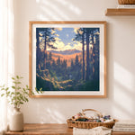 Finished golden hour forest glade cross stitch artwork displayed as home decor