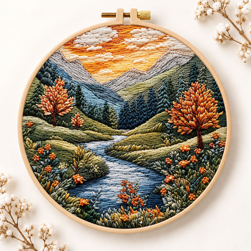 Golden hour mountain river embroidery kit