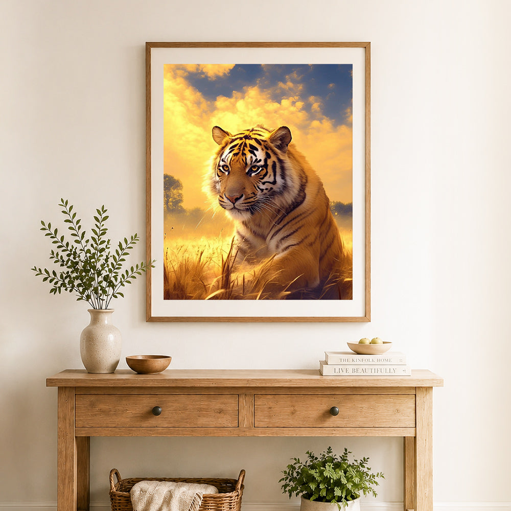 Finished golden hour tiger portrait cross stitch artwork displayed as home decor