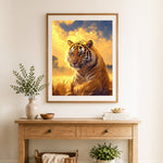 Finished golden hour tiger portrait cross stitch artwork displayed as home decor