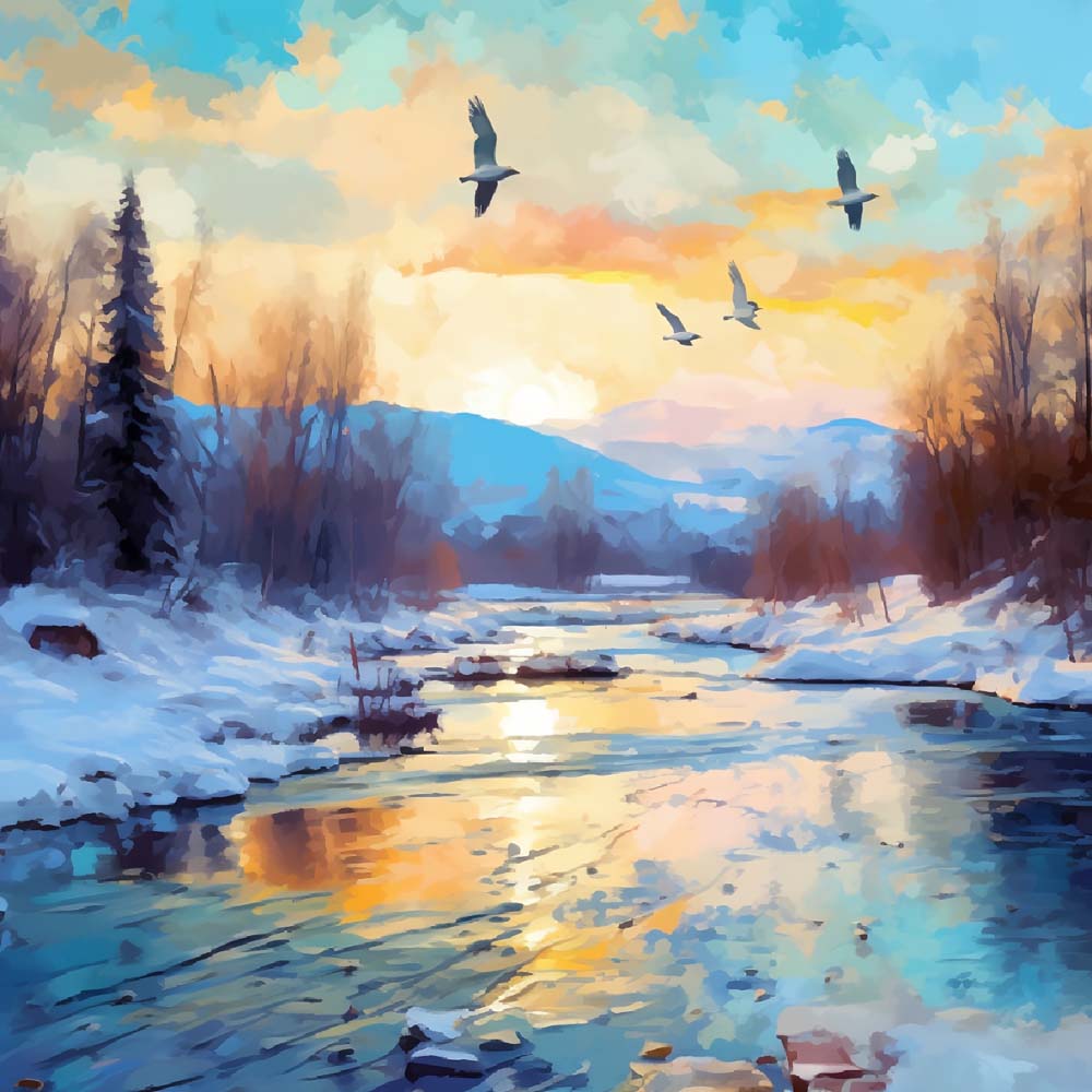 Golden hour winter riverside birds cross stitch kit for beginners