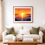 Finished golden lakeside sunset cross stitch artwork displayed as home decor