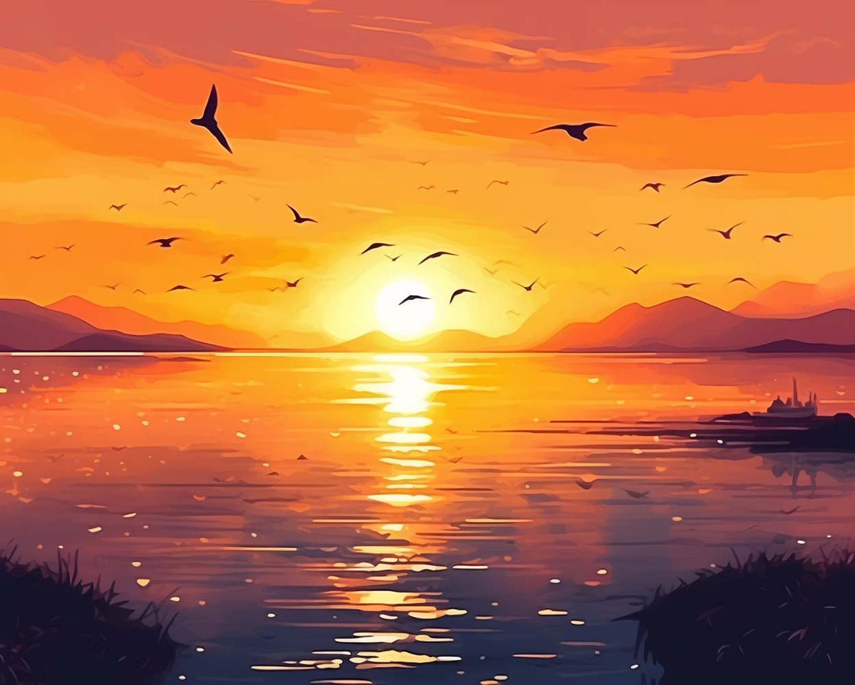 Golden lakeside sunset cross stitch kit for beginners