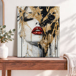 Finished golden lips and pearls pearl diamond painting artwork displayed as home decor