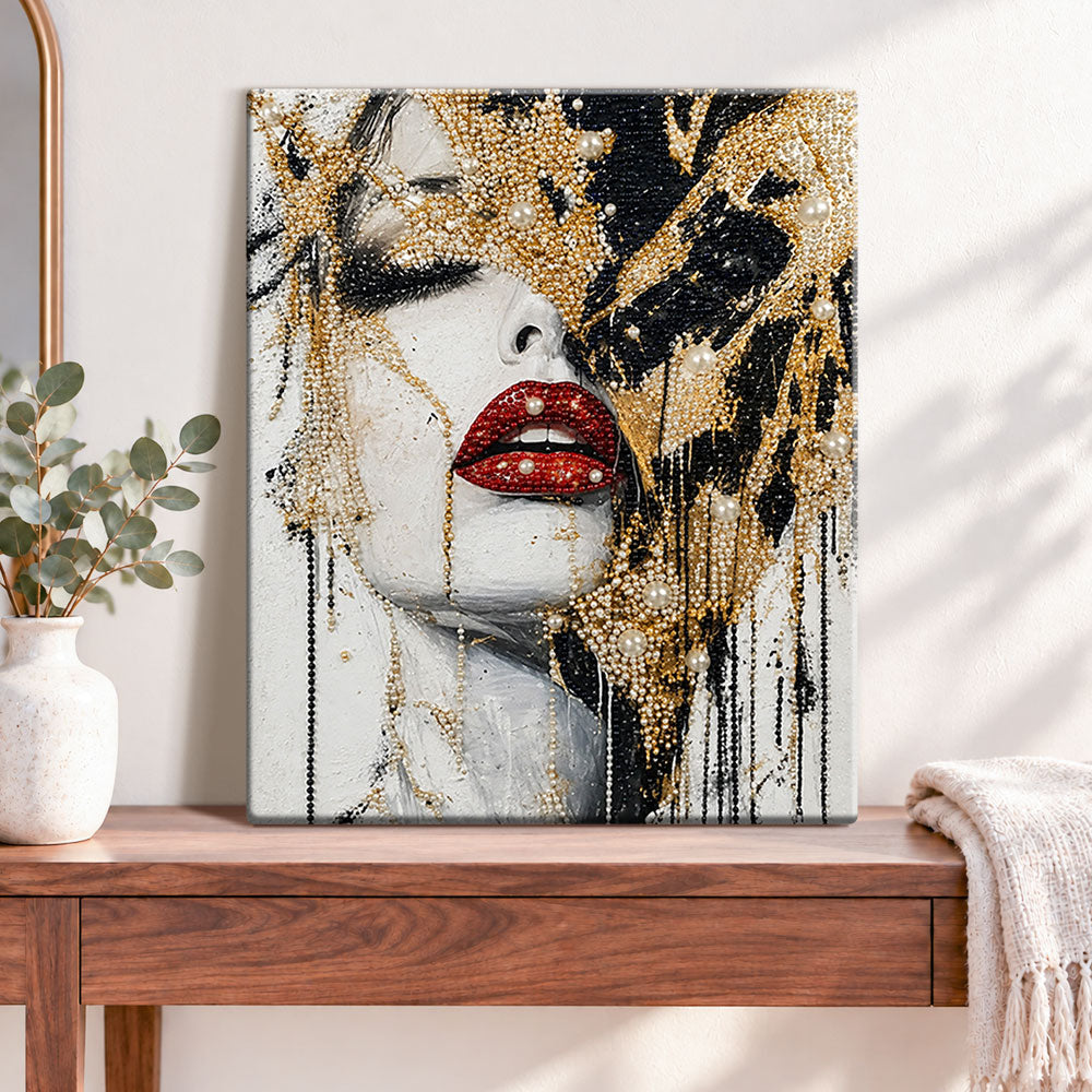 Finished golden lips and pearls pearl diamond painting artwork displayed as home decor